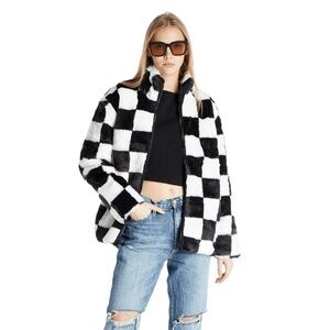 Vans Natalie Faux Fur Checkerboard Full Zip Jacket Size Large